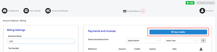 Settings Buy Credits